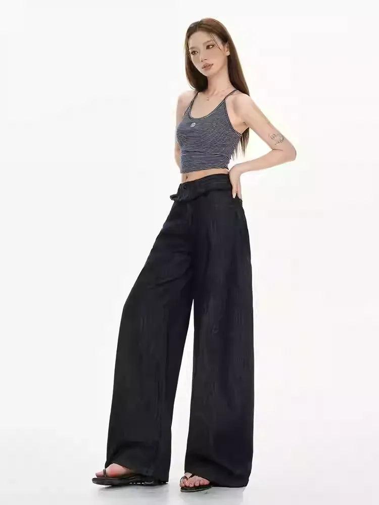 Lazy Spliced Ribbon Straight Jeans-korean-fashion-Jeans-Lazy's Closet-OH Garments