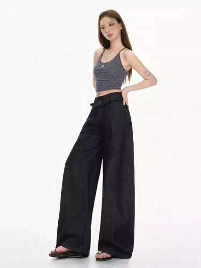 Lazy Spliced Ribbon Straight Jeans-korean-fashion-Jeans-Lazy's Closet-OH Garments