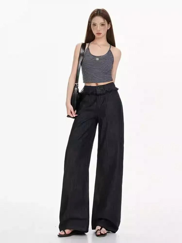Lazy Spliced Ribbon Straight Jeans-korean-fashion-Jeans-Lazy's Closet-OH Garments