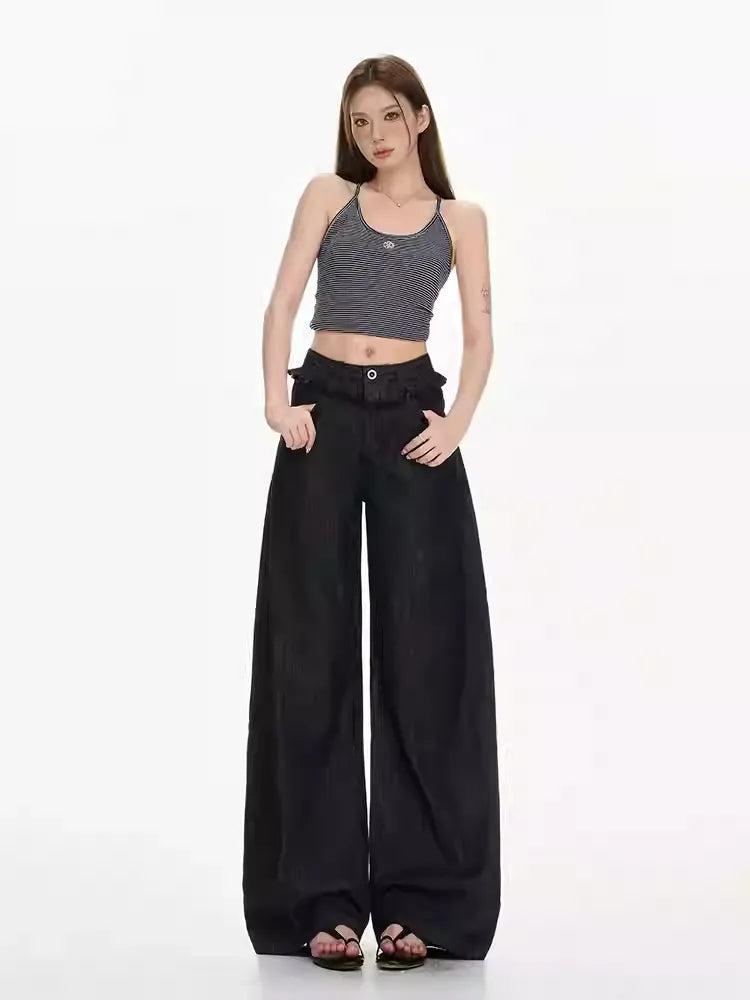Lazy Spliced Ribbon Straight Jeans-korean-fashion-Jeans-Lazy's Closet-OH Garments