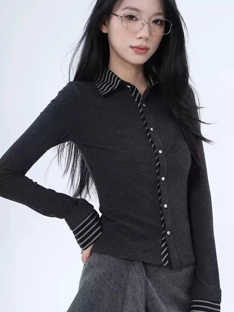 Lazy Spliced Striped Buttoned Blouse-korean-fashion-Blouse-Lazy's Closet-OH Garments