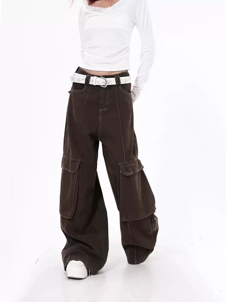 Lazy Stitched Line Wide Cargo Pants-korean-fashion-Pants-Lazy's Closet-OH Garments