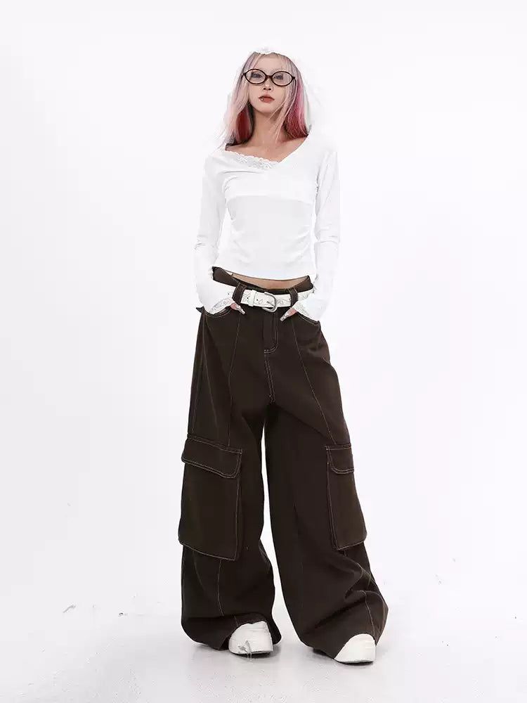 Lazy Stitched Line Wide Cargo Pants-korean-fashion-Pants-Lazy's Closet-OH Garments