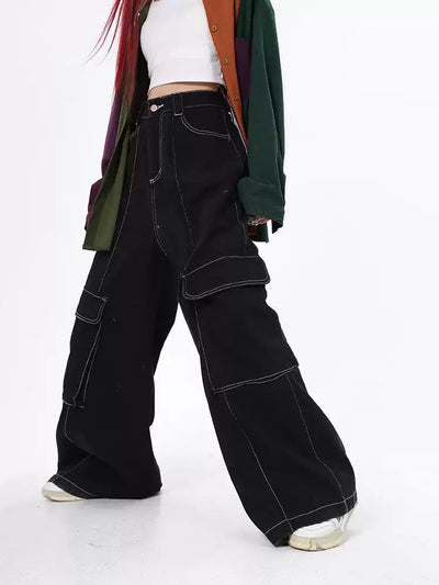 Lazy Stitched Line Wide Cargo Pants-korean-fashion-Pants-Lazy's Closet-OH Garments