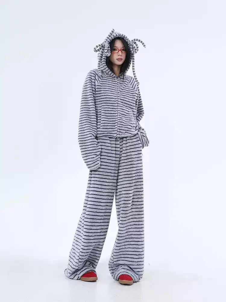 Lazy Striped and Strings Hooded Jacket & Pants Set-korean-fashion-Clothing Set-Lazy's Closet-OH Garments