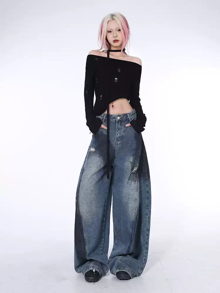 Lazy Thick Smudges Balloon Jeans-korean-fashion-Jeans-Lazy's Closet-OH Garments