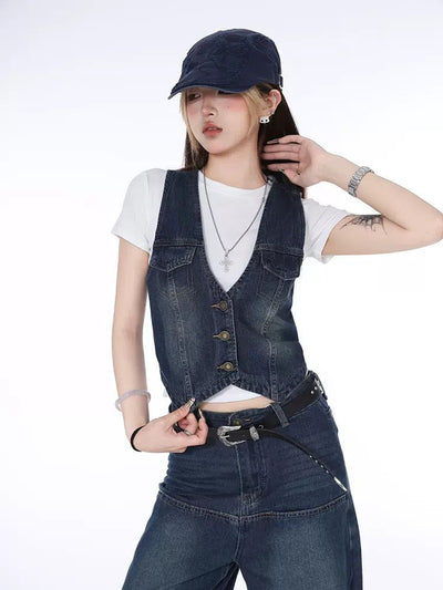 Lazy Three-Buttons V-Neck Denim Vest & Faded Jeans-korean-fashion-Jeans-Lazy's Closet-OH Garments