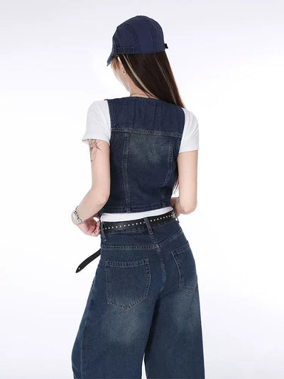 Lazy Three-Buttons V-Neck Denim Vest & Faded Jeans-korean-fashion-Jeans-Lazy's Closet-OH Garments