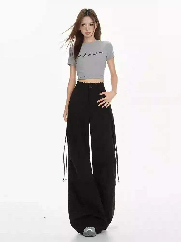 Lazy Tie Pocket Lace Waistband Wide Pants-korean-fashion-Pants-Lazy's Closet-OH Garments