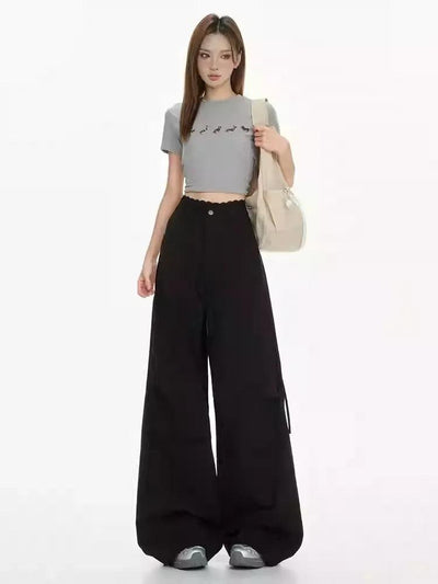 Lazy Tie Pocket Lace Waistband Wide Pants-korean-fashion-Pants-Lazy's Closet-OH Garments