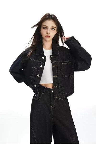 Lazy Topstitching Buttoned Denim Jacket-korean-fashion-Jacket-Lazy's Closet-OH Garments