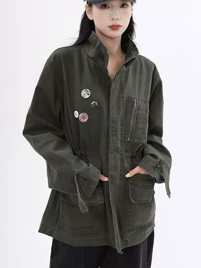 Lazy Washed Badge Detail Cargo Jacket-korean-fashion-Jacket-Lazy's Closet-OH Garments