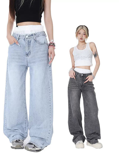 Lazy Washed Double-Waist Jeans-korean-fashion-Jeans-Lazy's Closet-OH Garments