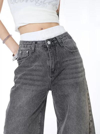 Lazy Washed Double-Waist Jeans-korean-fashion-Jeans-Lazy's Closet-OH Garments