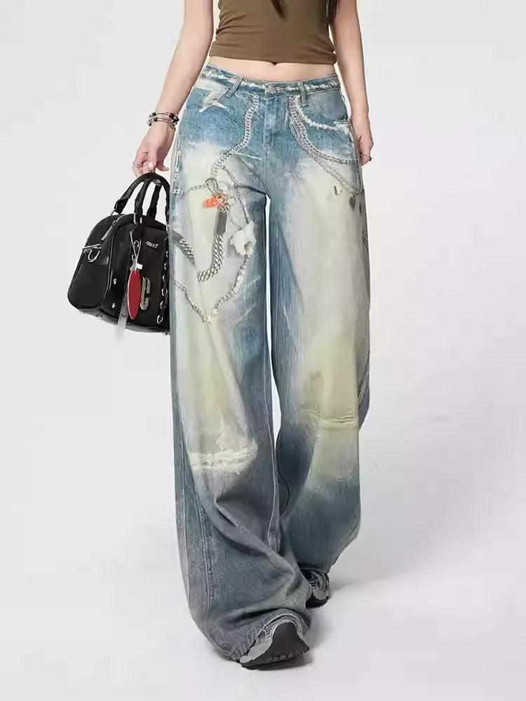 Lazy Washed Faded Graphic Print Jeans-korean-fashion-Jeans-Lazy's Closet-OH Garments