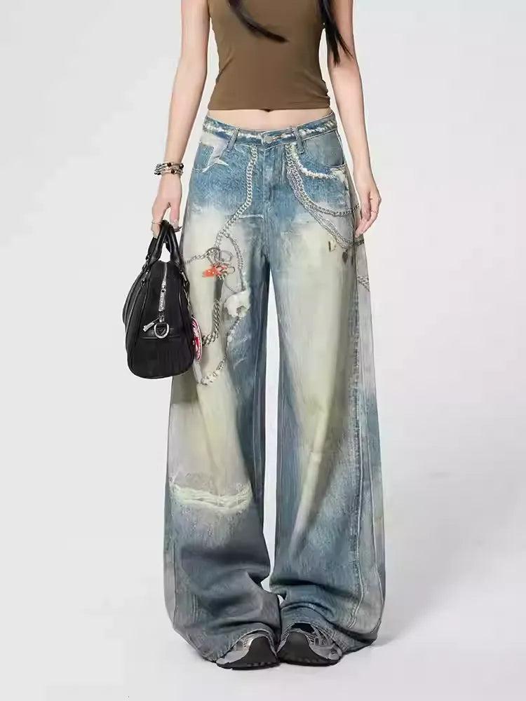 Lazy Washed Faded Graphic Print Jeans-korean-fashion-Jeans-Lazy's Closet-OH Garments