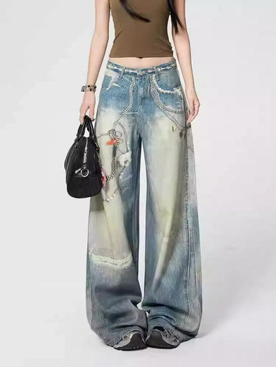 Lazy Washed Faded Graphic Print Jeans-korean-fashion-Jeans-Lazy's Closet-OH Garments