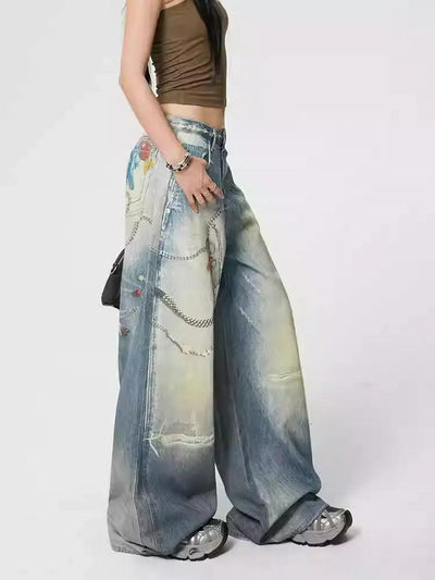 Lazy Washed Faded Graphic Print Jeans-korean-fashion-Jeans-Lazy's Closet-OH Garments