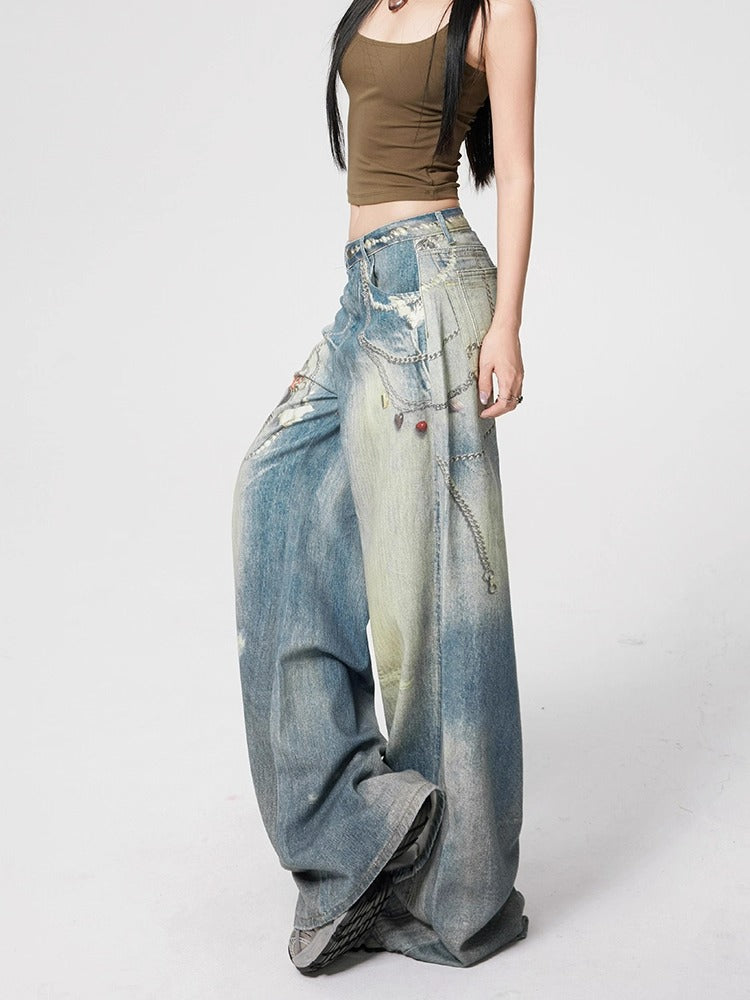 Lazy Washed Faded Graphic Print Jeans-korean-fashion-Jeans-Lazy's Closet-OH Garments