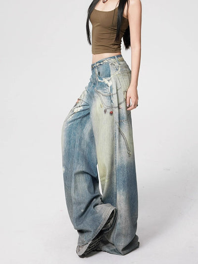 Lazy Washed Faded Graphic Print Jeans-korean-fashion-Jeans-Lazy's Closet-OH Garments