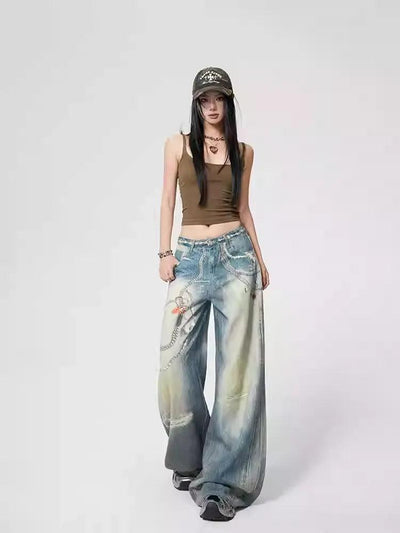 Lazy Washed Faded Graphic Print Jeans-korean-fashion-Jeans-Lazy's Closet-OH Garments
