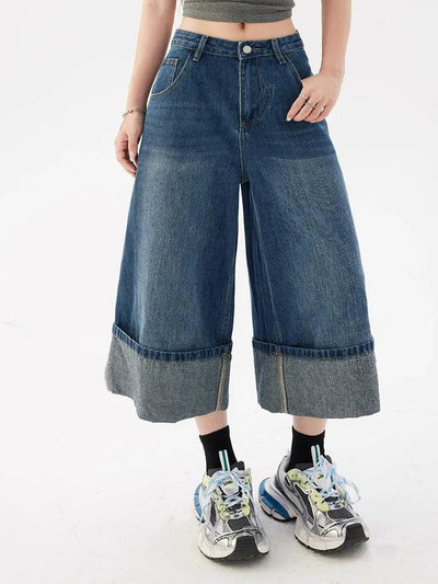 Lazy Washed Folded Hem Denim Shorts-korean-fashion-Shorts-Lazy's Closet-OH Garments