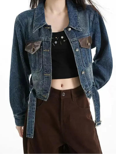 Lazy Washed Leather Flap Pocket Denim Jacket-korean-fashion-Jacket-Lazy's Closet-OH Garments