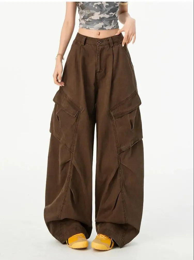 Lazy Washed Pleated Wide Leg Cargo Pants-korean-fashion-Pants-Lazy's Closet-OH Garments