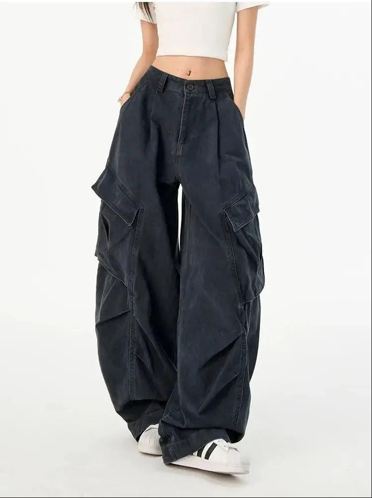 Lazy Washed Pleated Wide Leg Cargo Pants-korean-fashion-Pants-Lazy's Closet-OH Garments