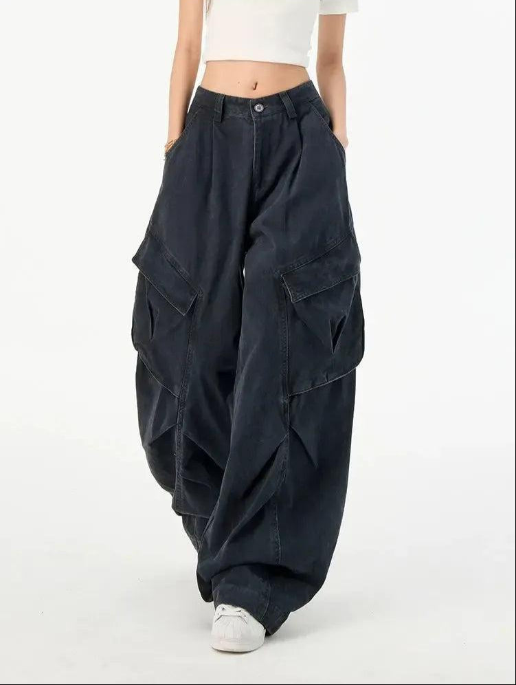 Lazy Washed Pleated Wide Leg Cargo Pants-korean-fashion-Pants-Lazy's Closet-OH Garments