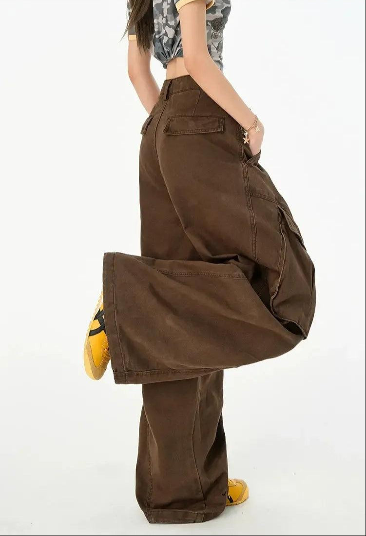 Lazy Washed Pleated Wide Leg Cargo Pants-korean-fashion-Pants-Lazy's Closet-OH Garments