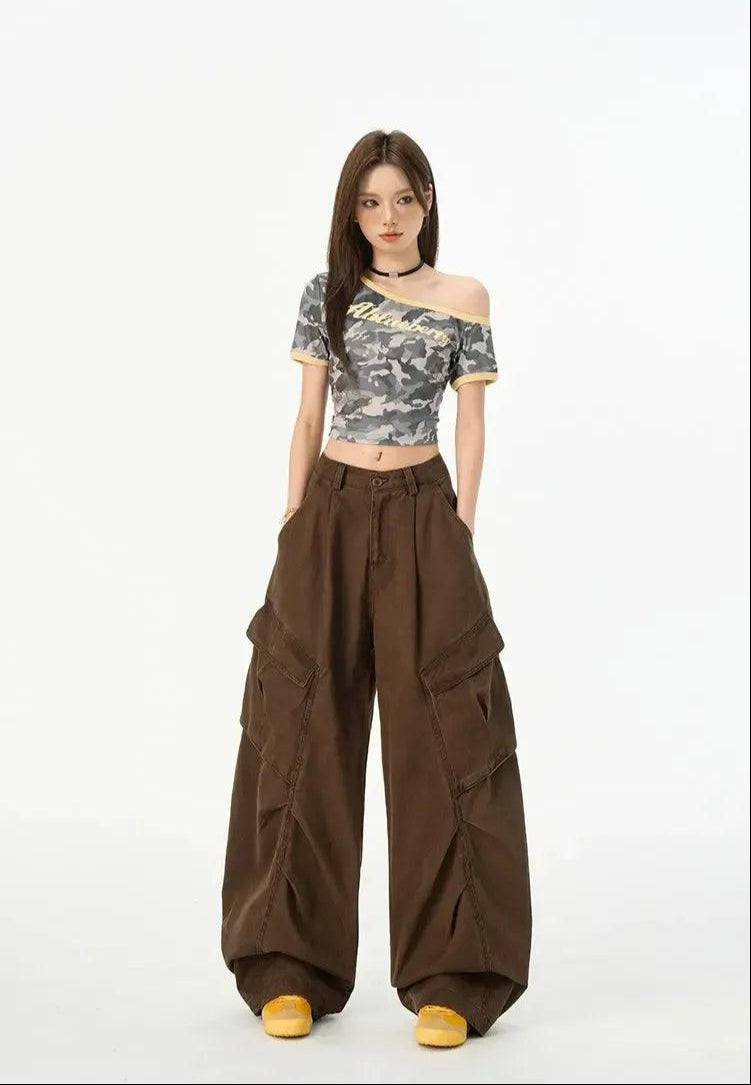 Lazy Washed Pleated Wide Leg Cargo Pants-korean-fashion-Pants-Lazy's Closet-OH Garments