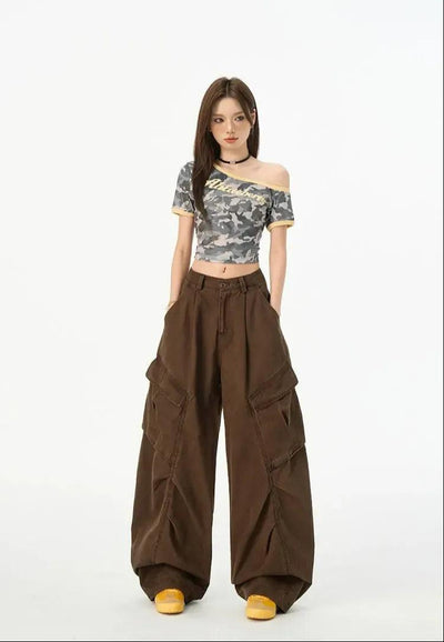 Lazy Washed Pleated Wide Leg Cargo Pants-korean-fashion-Pants-Lazy's Closet-OH Garments