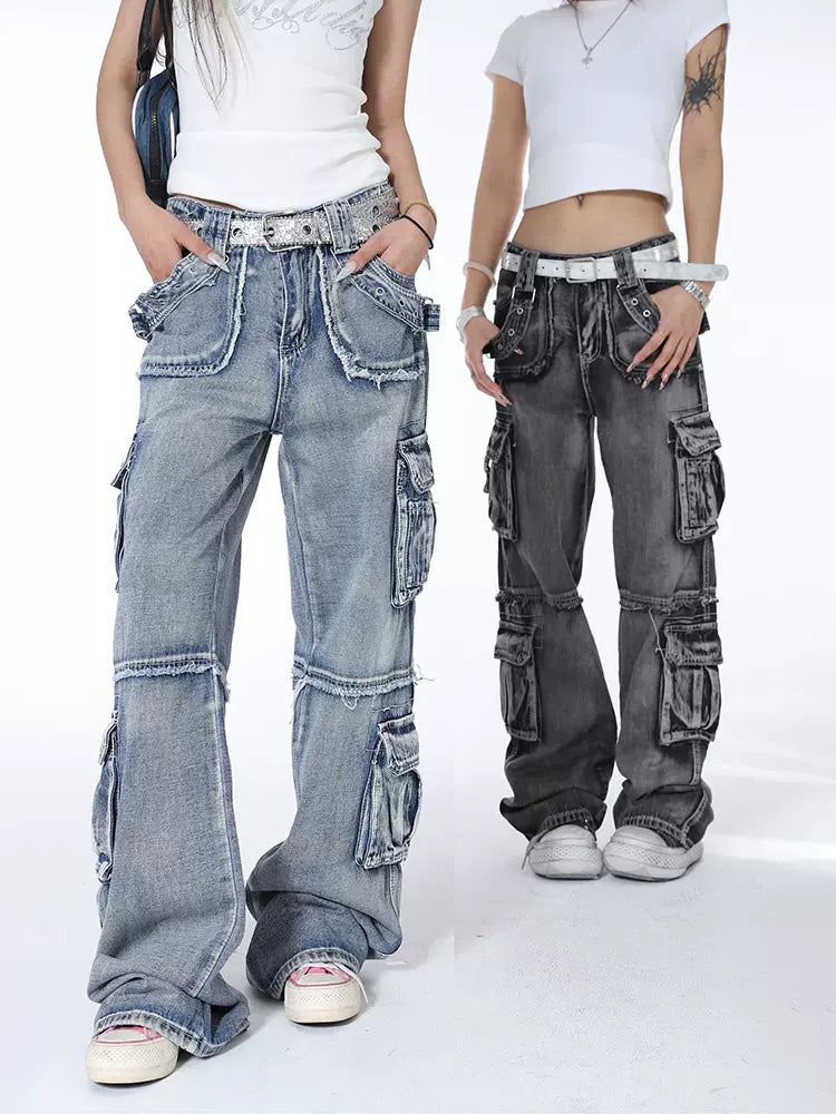 Lazy Washed Raw Edge Cargo Jeans-korean-fashion-Jeans-Lazy's Closet-OH Garments