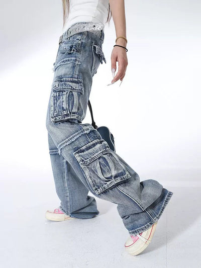 Lazy Washed Raw Edge Cargo Jeans-korean-fashion-Jeans-Lazy's Closet-OH Garments