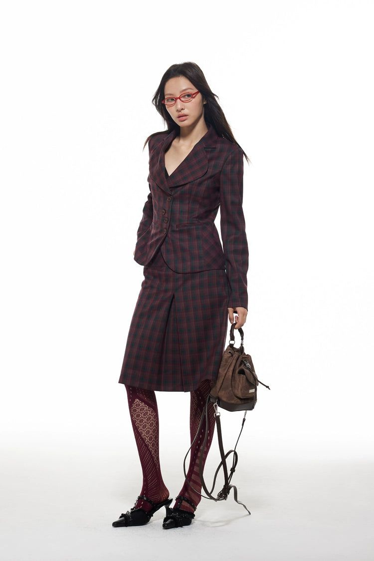 Light Classic Plaid Slim Fit Blazer & Pleated Skirt Set-korean-fashion-Clothing Set-Light's Closet-OH Garments