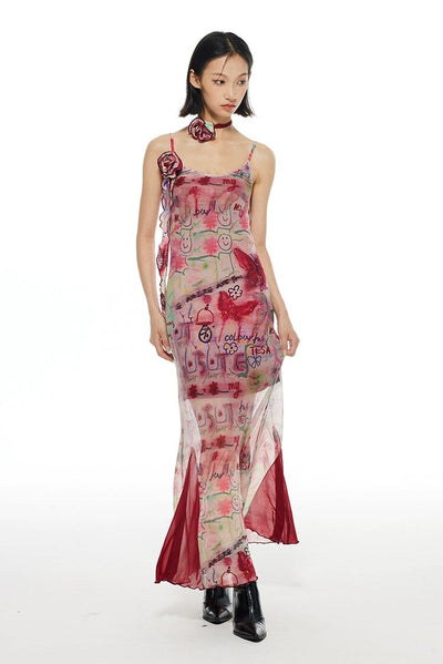 Light Graffiti Print Rose Necklace Long Dress-korean-fashion-Dress-Light's Closet-OH Garments