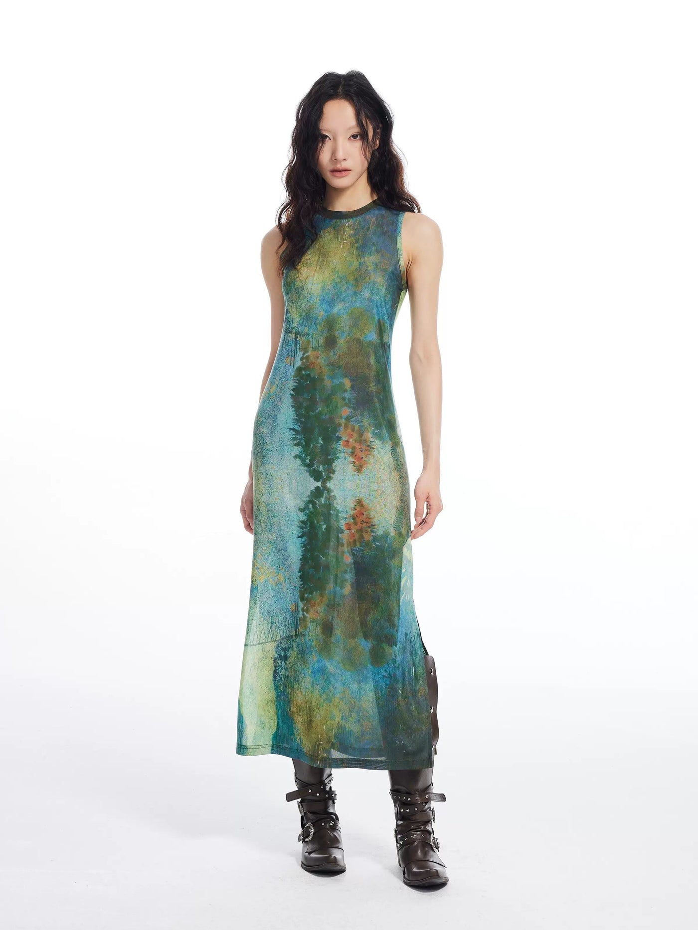 Light Ink Painting Mesh Sleeveless Long Dress-korean-fashion-Dress-Light's Closet-OH Garments
