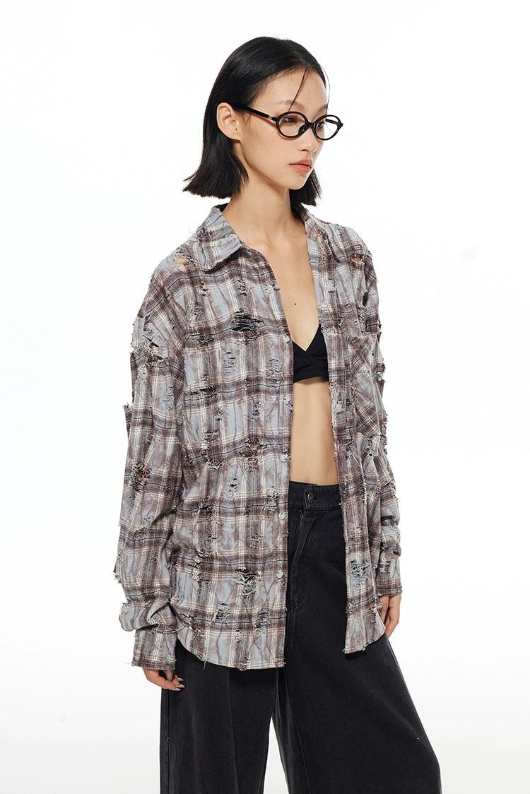 Light Old Pocket Hole Plaid Flannel Shirt-korean-fashion-Shirt-Light's Closet-OH Garments