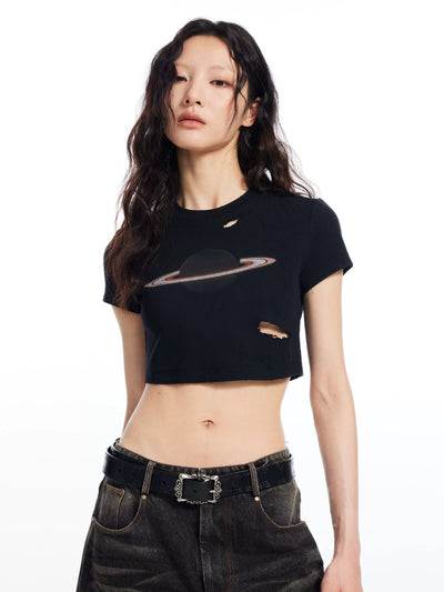 Light Saturn Ripped Cropped T-Shirt-korean-fashion-T-Shirt-Light's Closet-OH Garments