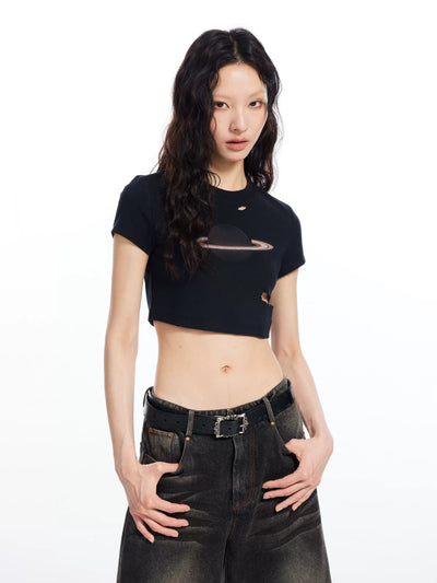Light Saturn Ripped Cropped T-Shirt-korean-fashion-T-Shirt-Light's Closet-OH Garments