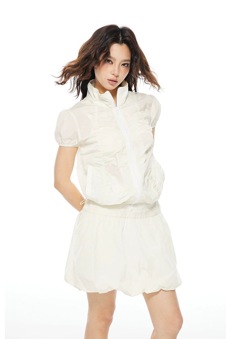 Light Zipped Nylon Shirt & Balloon Skirt Set-korean-fashion-Clothing Set-Light's Closet-OH Garments