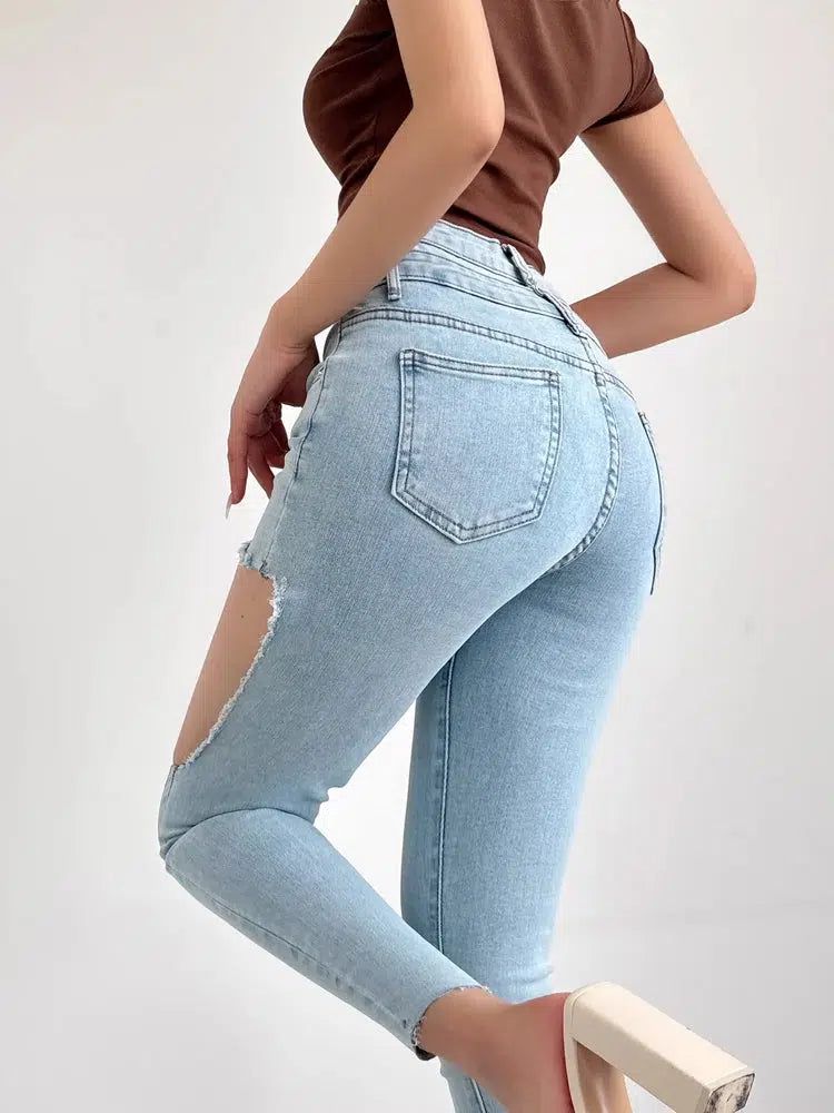 Livia Double-Waist Raw Edge Ripped Jeans-korean-fashion-Jeans-Livia's Closet-OH Garments