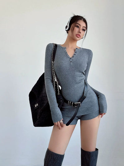 Livia Half-Buttons Knit Belted Long Sleeve T-Shirt & Slim Fit Shorts Set-korean-fashion-Clothing Set-Livia's Closet-OH Garments
