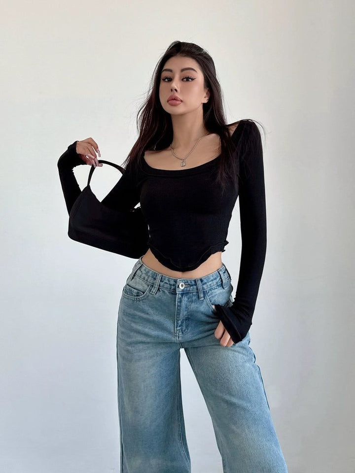 【BAON】Chono Summer Linen Strap Cropped Long Sleeve Tee Solid Hollow out Bandage Basic T Shirts for Women Spring