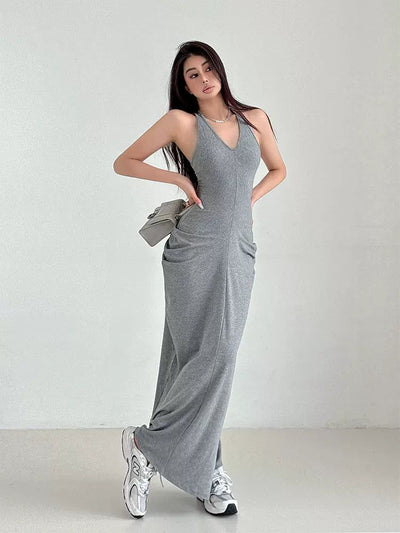 Livia Racer-Shaped Pleated Long Dress-korean-fashion-Dress-Livia's Closet-OH Garments