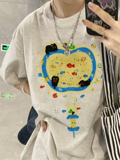 Mina Apple and Cat Graphic T-Shirt-korean-fashion-T-Shirt-Mina's Closet-OH Garments