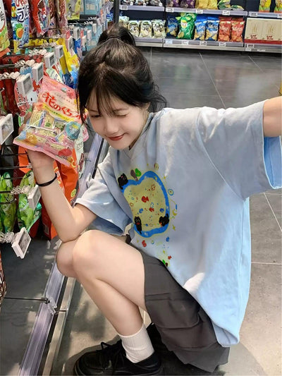 Mina Apple and Cat Graphic T-Shirt-korean-fashion-T-Shirt-Mina's Closet-OH Garments
