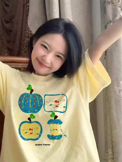 Mina Apple Graphic Print T-Shirt-korean-fashion-T-Shirt-Mina's Closet-OH Garments