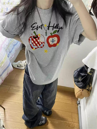 Mina Apple Graphic Print T-Shirt-korean-fashion-T-Shirt-Mina's Closet-OH Garments